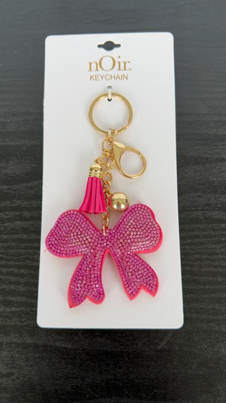 Bling Rhinestone Pink Ribbon Puffy Keychain - Tassel Bag Charm - NEW